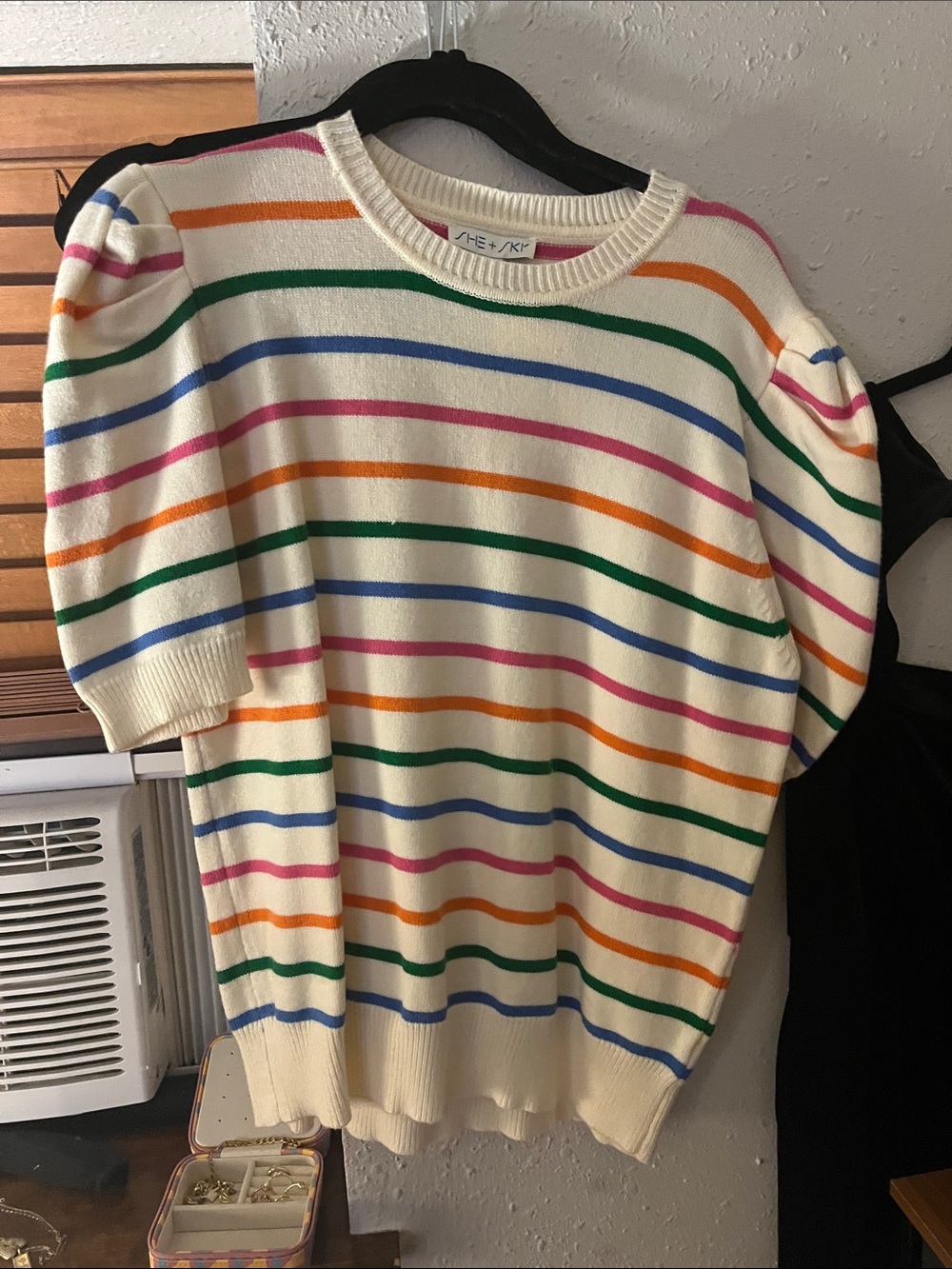 She + Sky Cream Crewneck Sweater with Multicolor Stripes